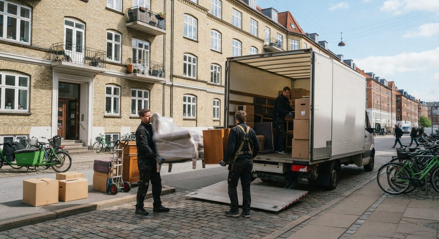 Flyttefolk bærer møbler ud til flyttebil og illustrerer pris på flyttefirma