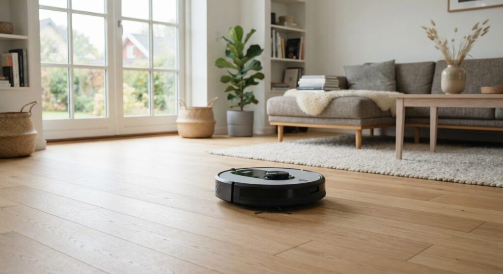 Robotstøvsuger rengør gulvet i en lys dansk stue
