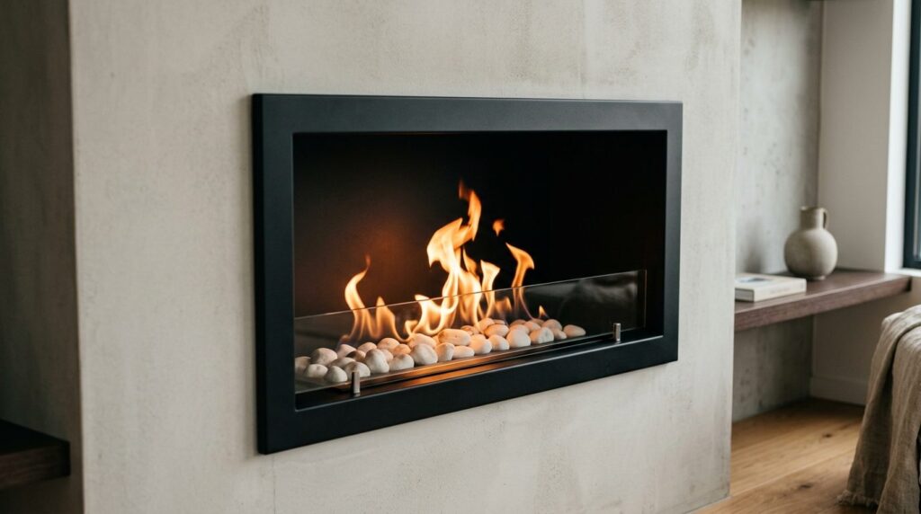 Close-up detail of a modern bioethanol fireplace insert with