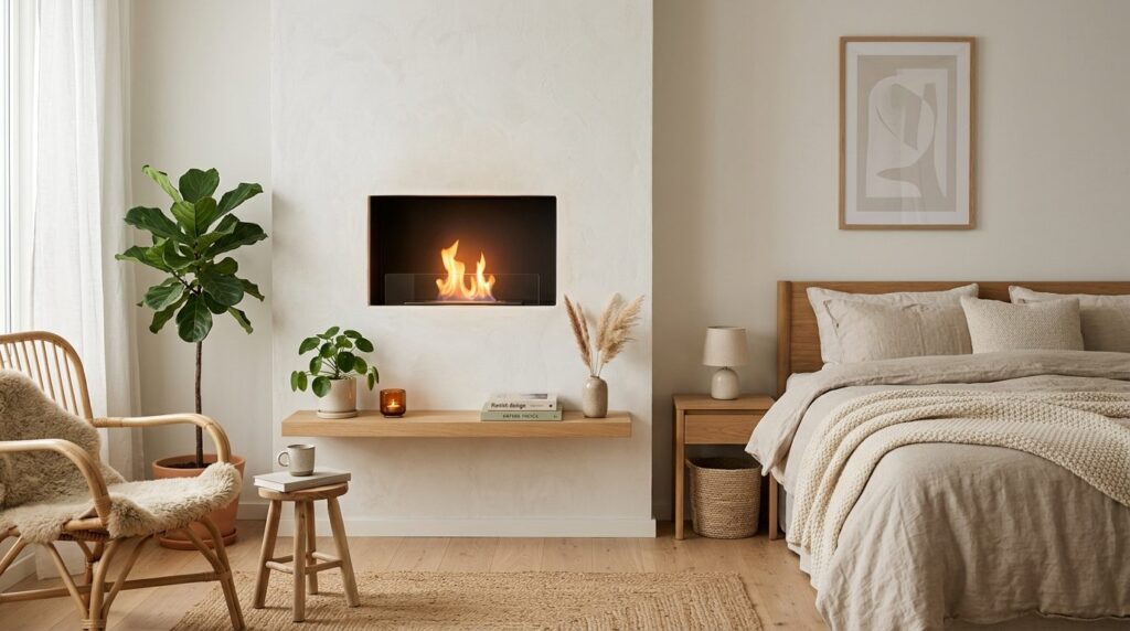 Scandinavian-style bedroom corner featuring a wall-mounted b