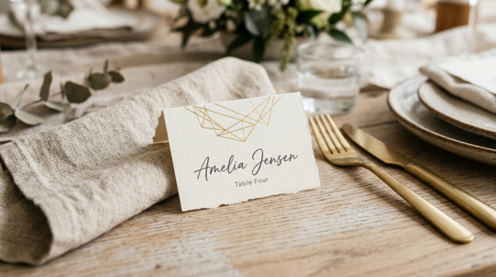 Close-up detail of an artisanal wedding place card with geom