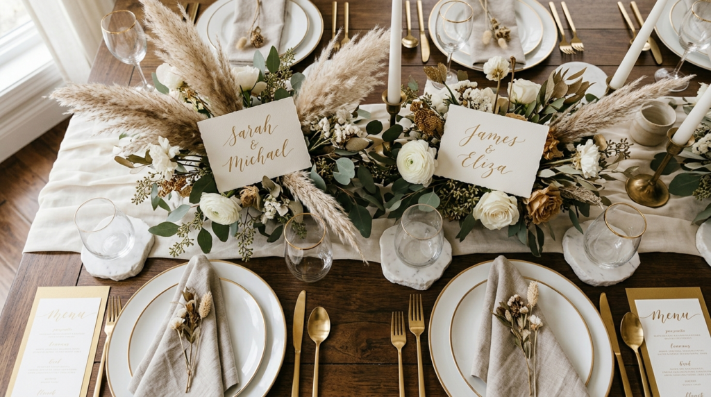Wedding table design detail showing personalized place cards