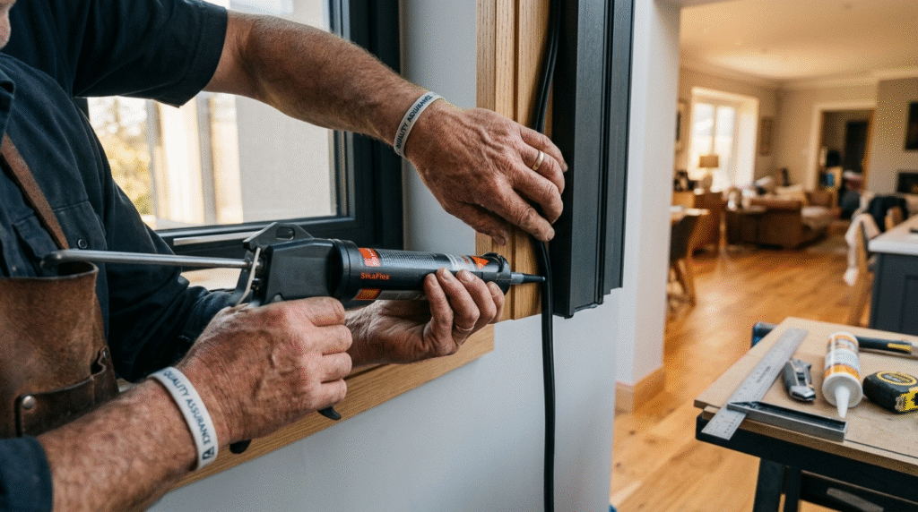 Close-up detail of a master craftsmans hands installing wea