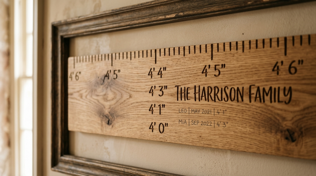 Close-up detail shot of a bespoke wooden height measurement 