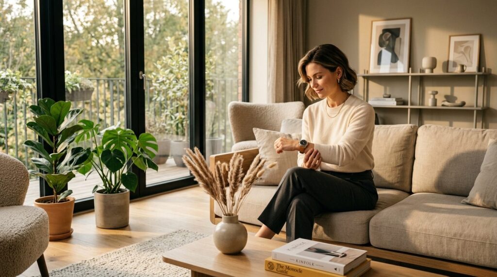 Sophisticated woman in modern home interior admiring luxury 