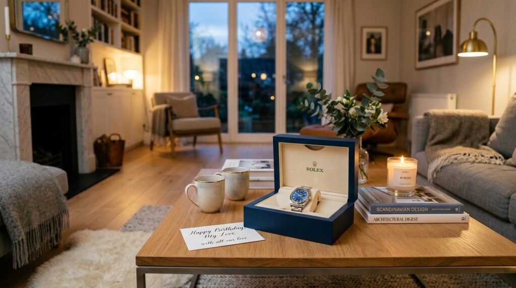Luxury watch gift presentation scene in scandinavian home de