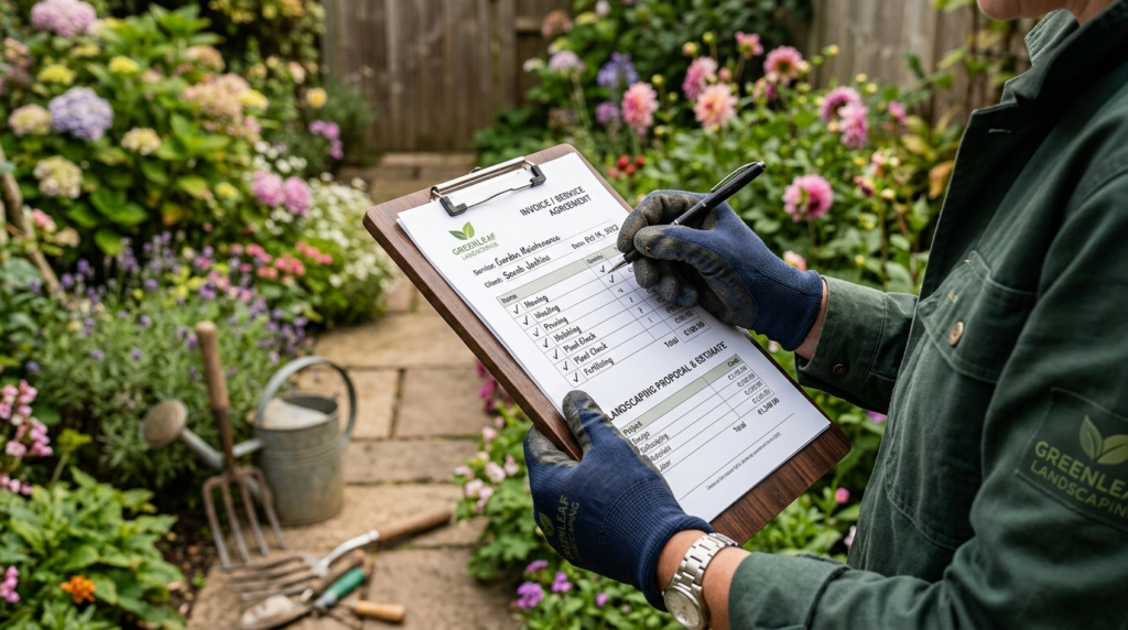 Close-up of gardeners hands holding invoice clipboard with 