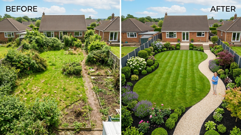 Aerial view of beautifully maintained residential garden tra