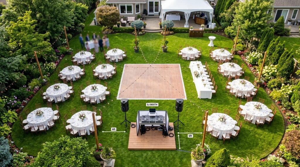 Aerial drone perspective of a backyard wedding reception lay
