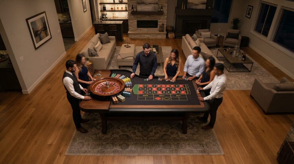 Overhead view of a roulette table in a sophisticated living 