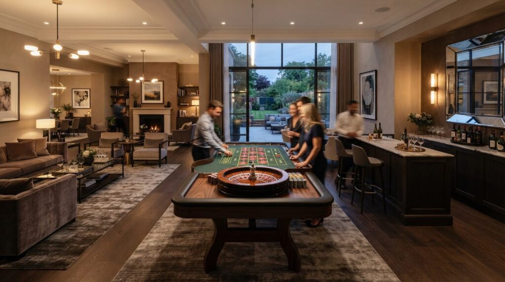 Wide-angle shot of an upscale residential room featuring a r