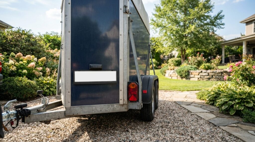 Close-up shot of a BE trailer license displayed on a horse t