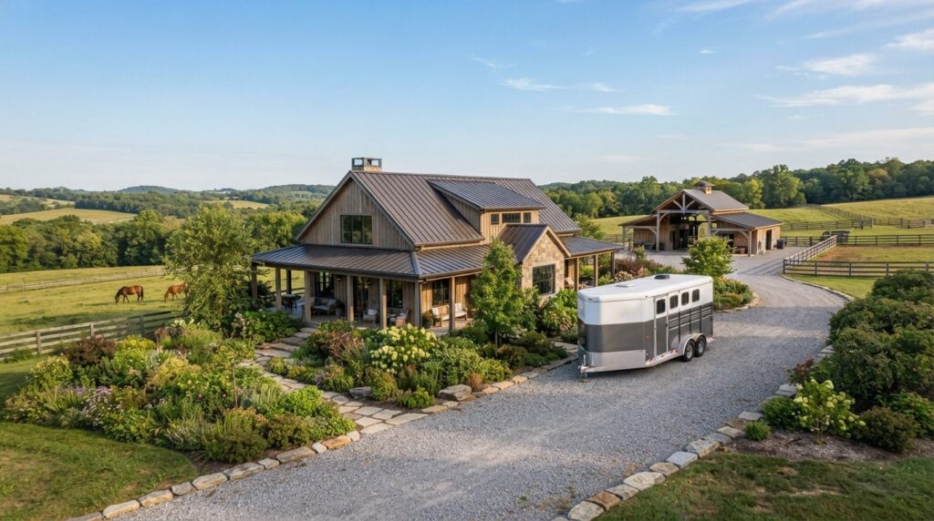 Wide landscape view of a family-owned property with a large 