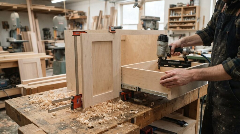 Close-up detail shot of a custom kitchen cabinet being assem