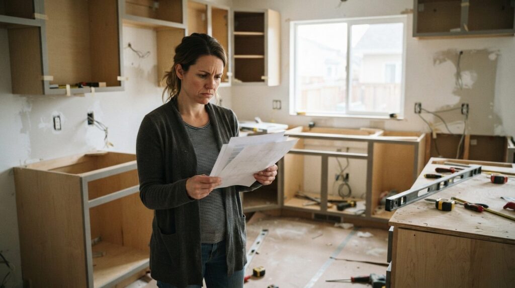 Worried homeowner looking at a partially installed kitchen r