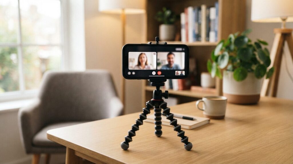 Close-up of iPhone securely mounted on flexible tripod stand