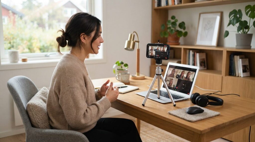Scandinavian home office interior with person at desk using 