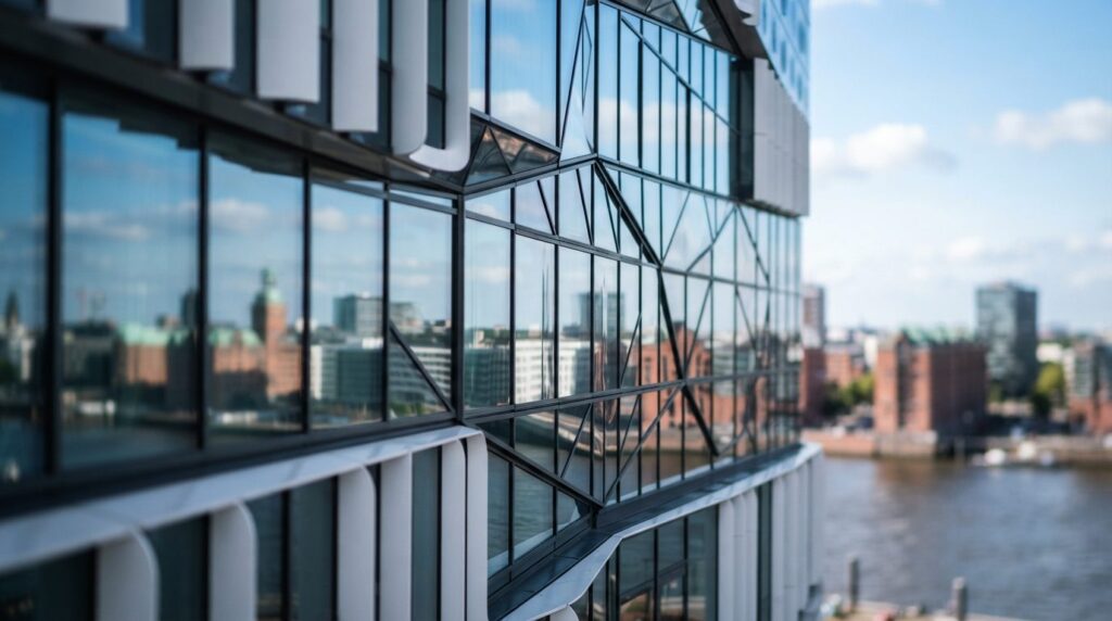 Close-up detail photograph of modern Hamburg-style architect
