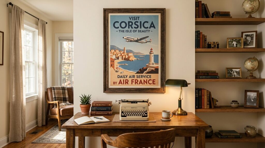 Cozy home office workspace with a single large framed vintag