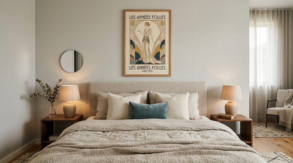 Elegant bedroom interior with a vintage art deco poster fram