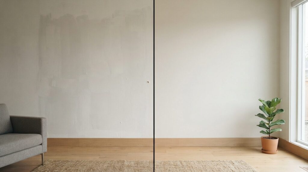 Before and after split screen comparison of living room wall