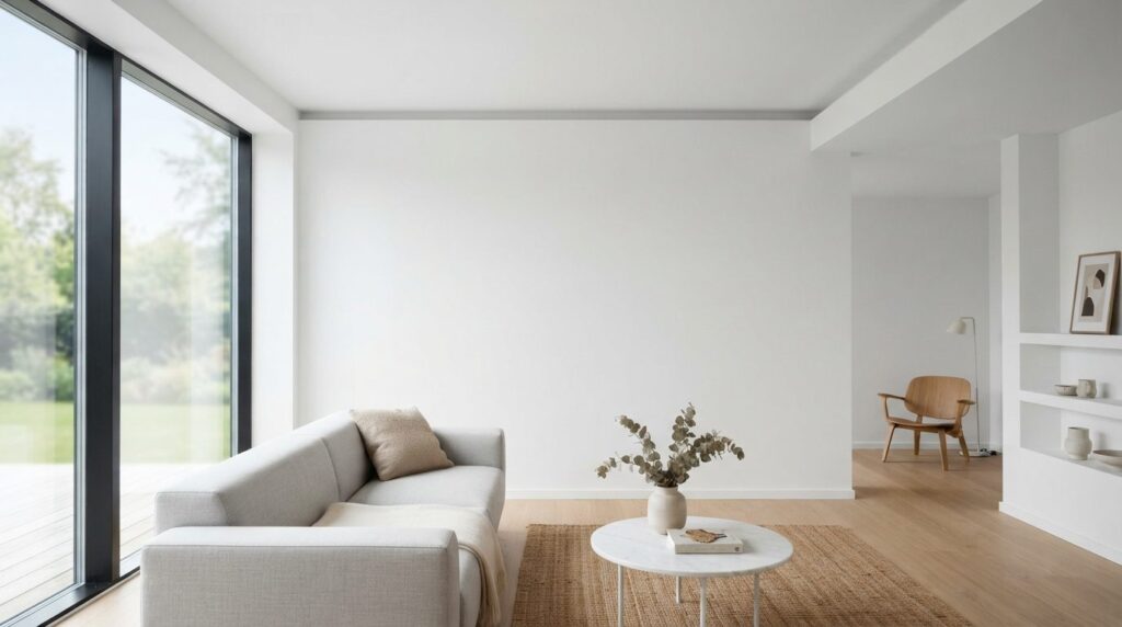 Modern scandinavian living room with perfectly smooth spray-