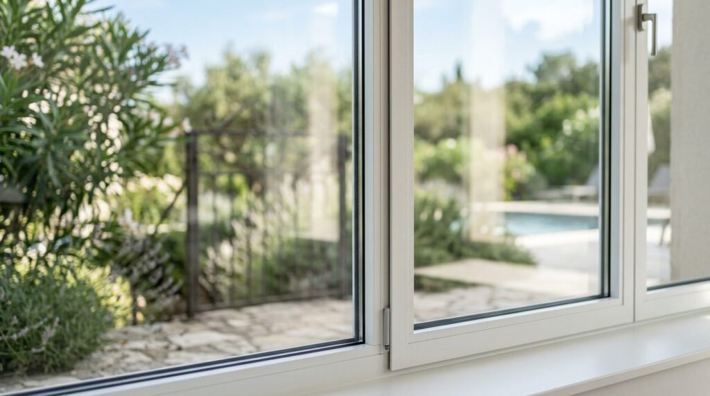 Close-up of pristine clean window panes on luxury villa with