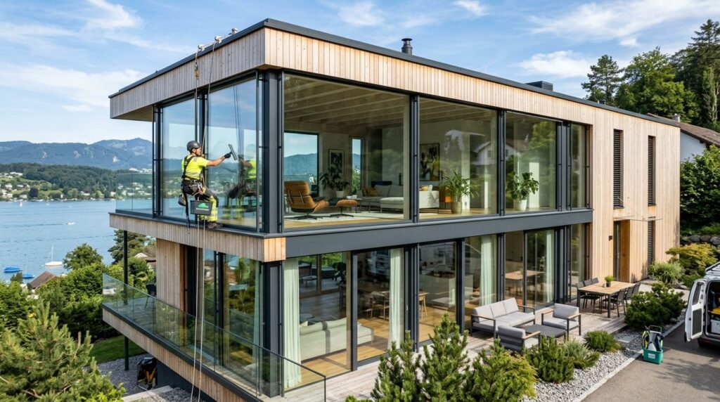 Modern villa exterior with extensive panoramic glass windows