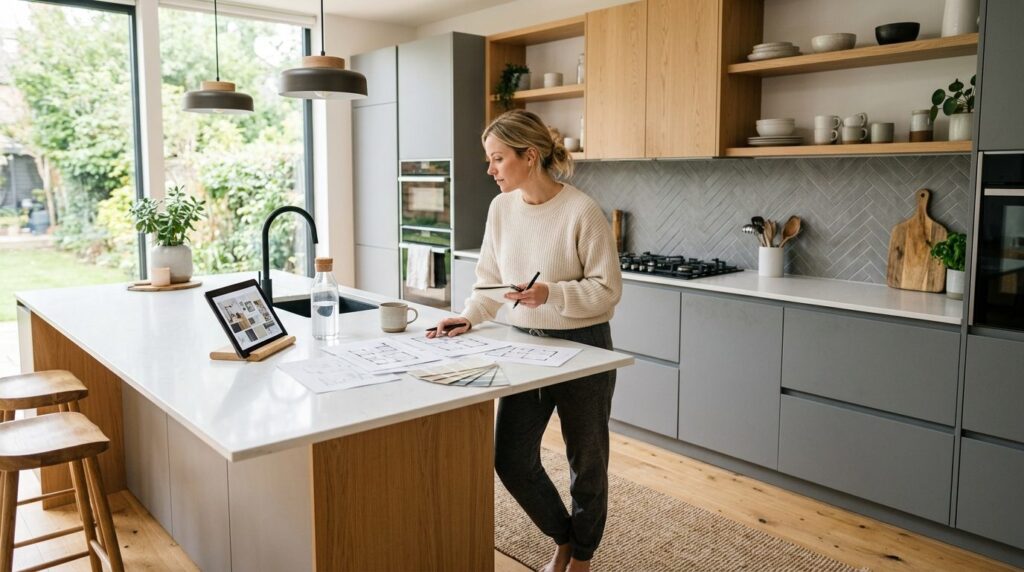 Modern scandinavian kitchen interior with sleek grey cabinet