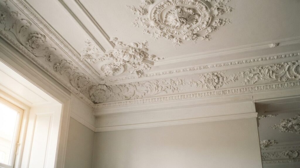 Close-up detail shot of beautiful ornate white stucco ceilin