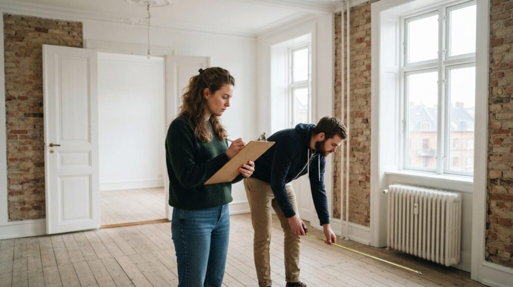 Interior lifestyle photograph of a young couple inspecting a