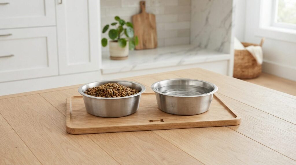 Close-up professional product photography of a puppy feeding