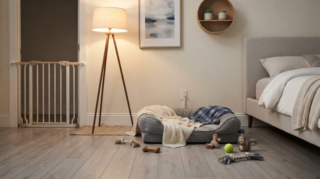Professional interior shot of a puppy-proofed bedroom corner