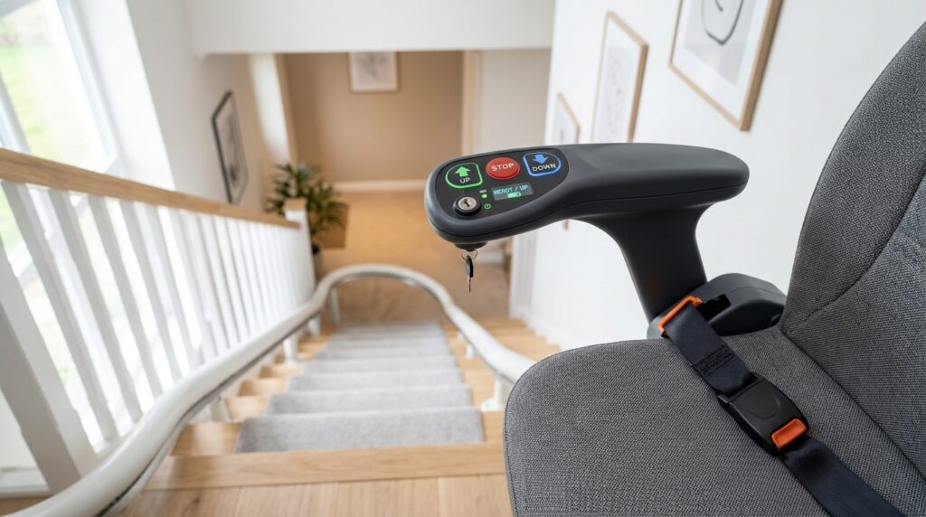 Close-up photograph of a modern stair lift control panel and