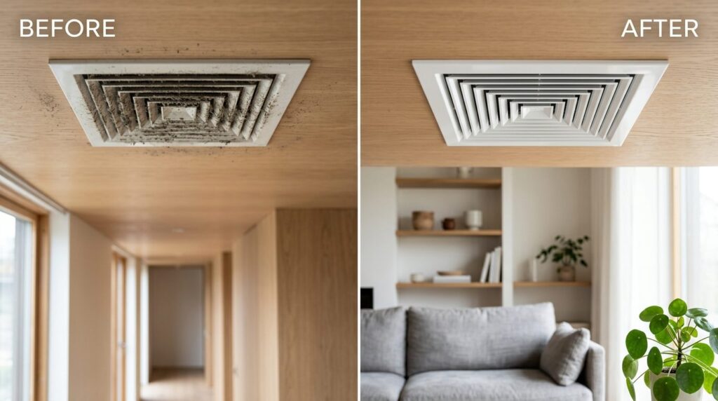 Before and after split image of residential ventilation gril