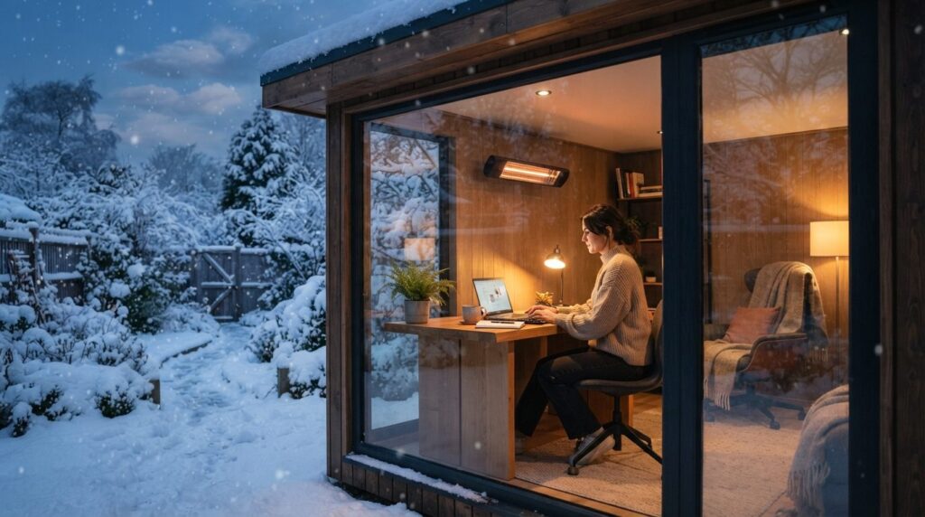 Inviting winter scene of a heated outdoor office or garden s