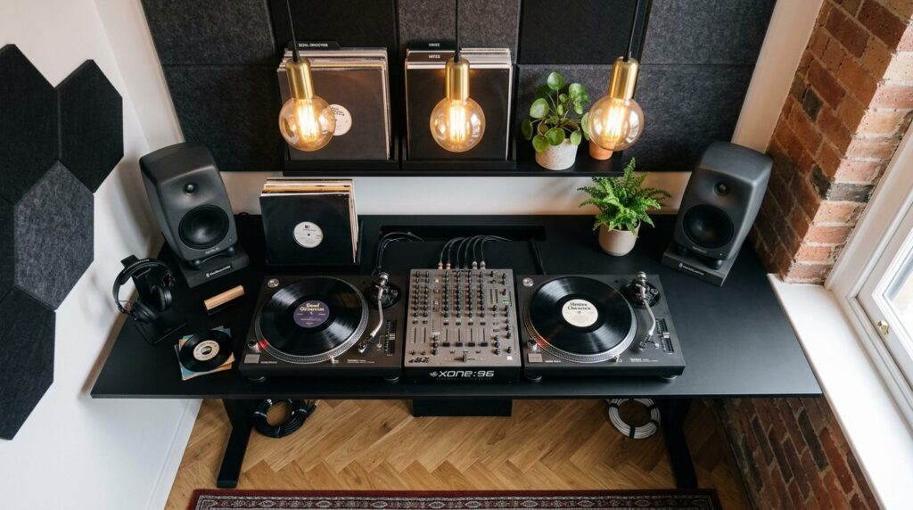 Overhead view of a well-organized DJ corner in a residential