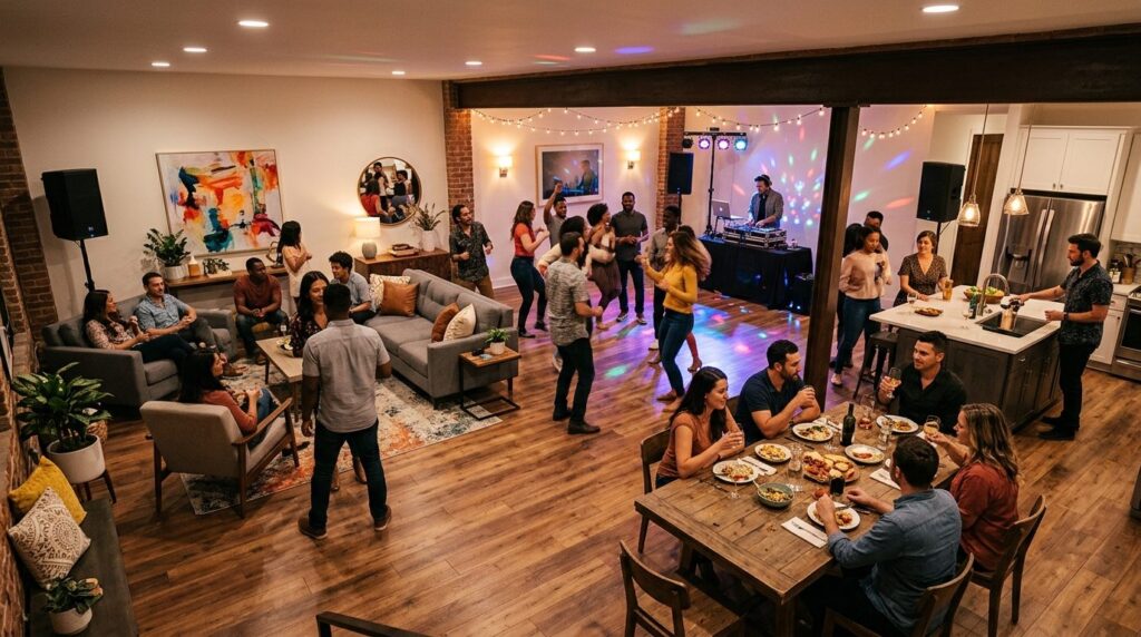 Wide-angle shot of an open-plan residential space prepared f