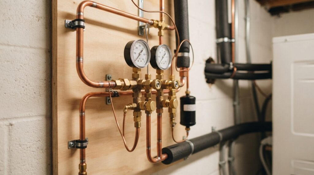 Close-up detail shot of heat pump refrigerant circuit compon