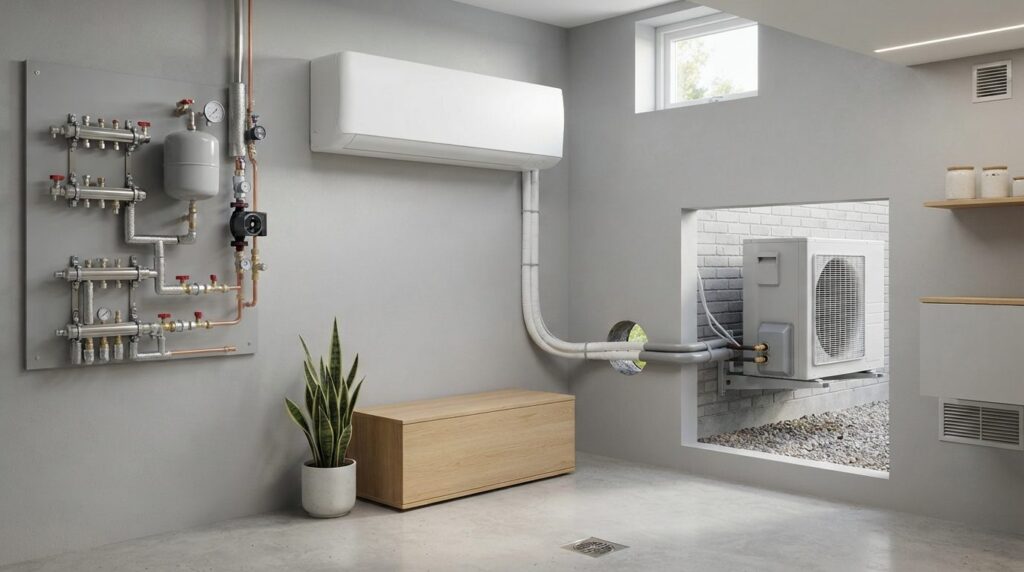 Bright modern basement or utility room interior with a split