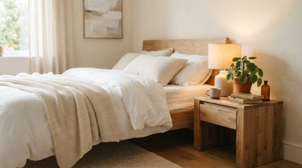 Close-up professional photograph of a cozy bedroom corner wi