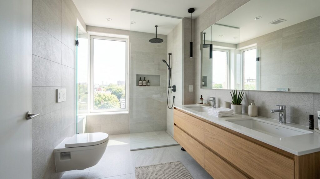 Professional bathroom interior photography featuring a clean
