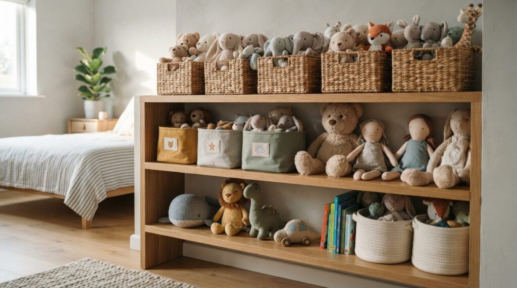 Close-up of organized toy storage in guest bedroom, wicker b