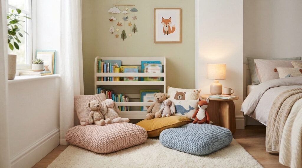 Bright child-friendly guest bedroom corner with reading nook