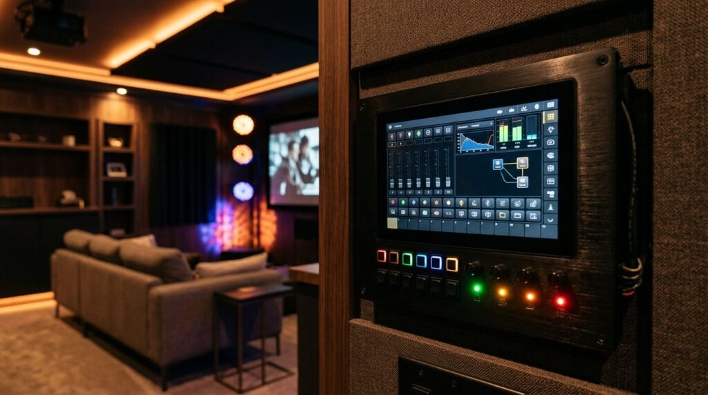 Close-up professional photography of a modern DMX lighting c
