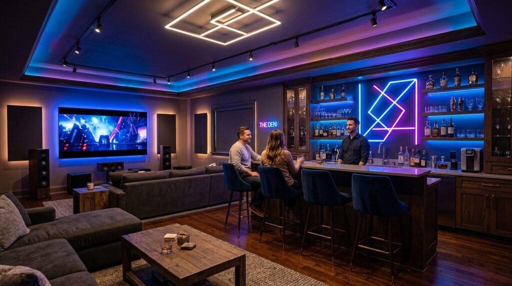 Interior design photograph of a sophisticated basement loung