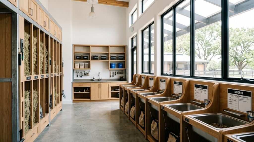 Bright, airy modern horse feeding room interior, 16:9 aspect