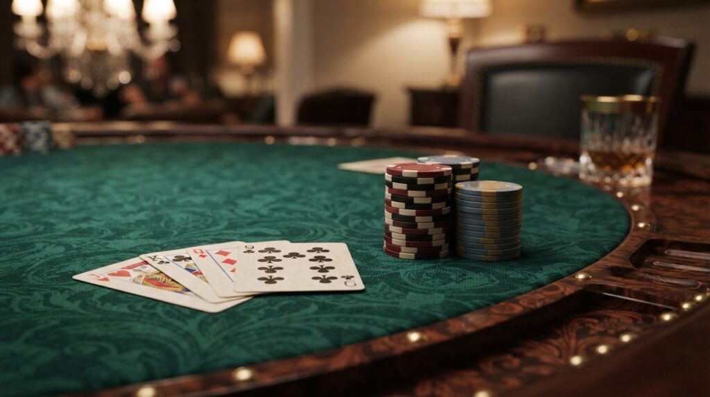 Close-up professional photograph of a home casino setup deta