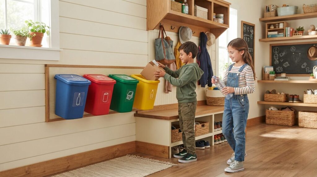 Organized family mudroom or entryway with a wall-mounted was