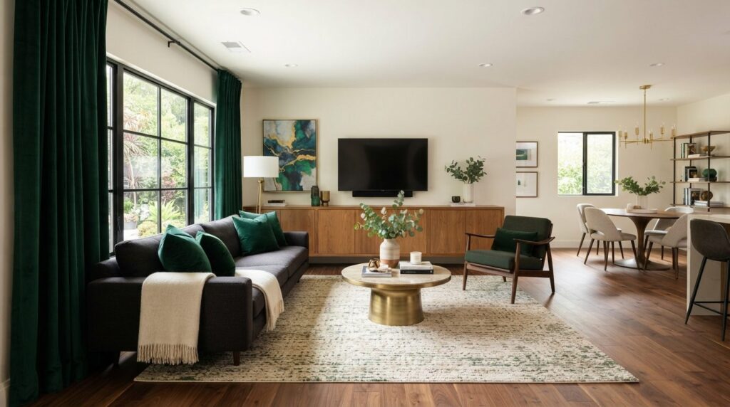 Wide-angle view of a contemporary living room interior where